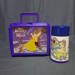 VTG Beauty and the Beast Plastic Lunch Box W/ Thermos Disney 90's Aladdin Purple